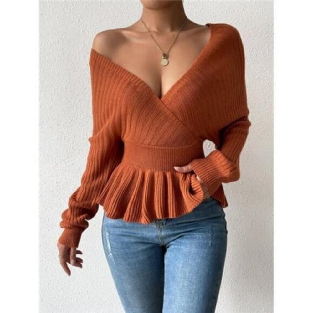 - Women Surplice Neck Batwing Sleeve Peplum Sweater L